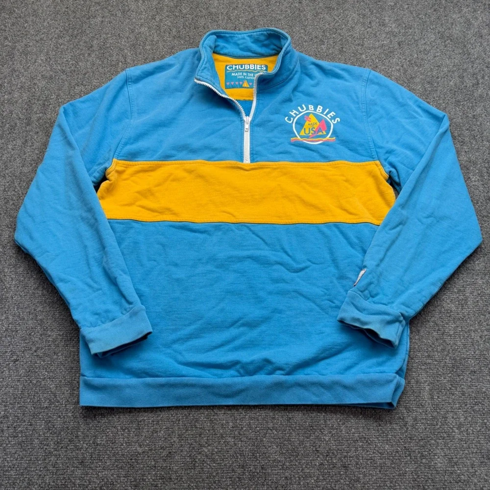 Chubbies Mens Large Blue Yellow Colorblock Quarter Zip Sweatshirt Made in USA